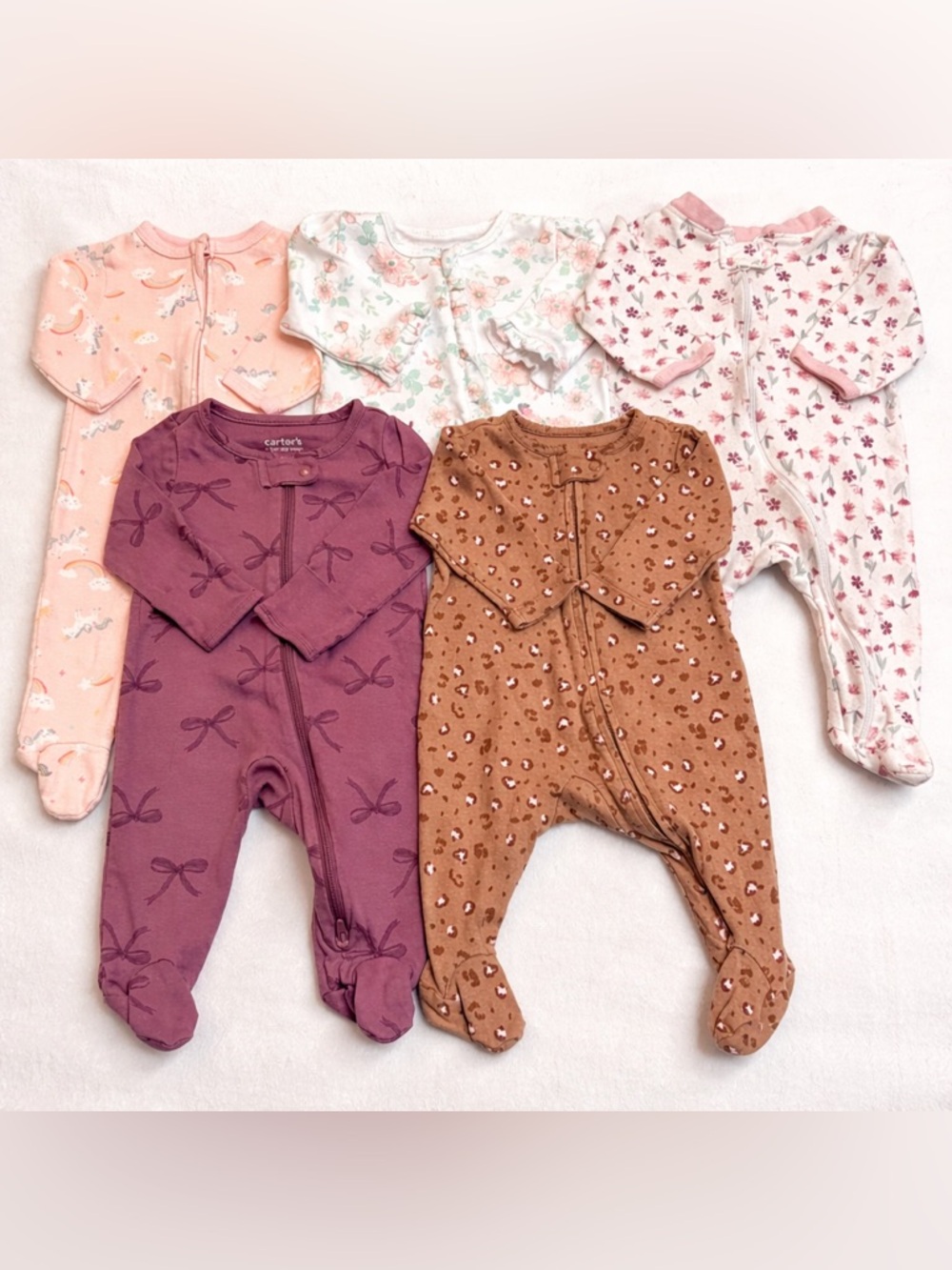 5PC 0-3 Month Baby Girl Footed Sleeper Bundle Carter’s Little Me Floral Pink NWT